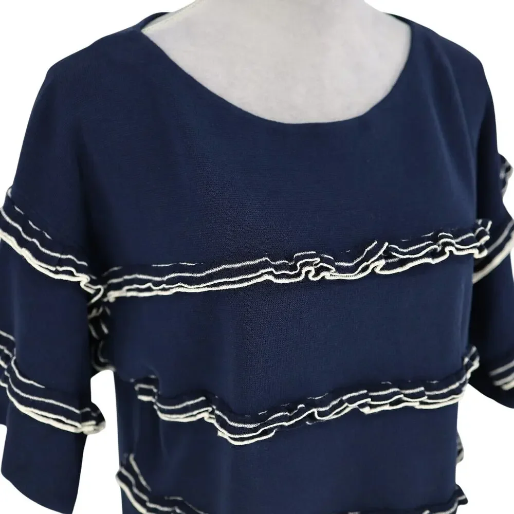 J Crew Sweater Womens Medium Navy Blue White Ruffle Top Cotton Knit Whimsy